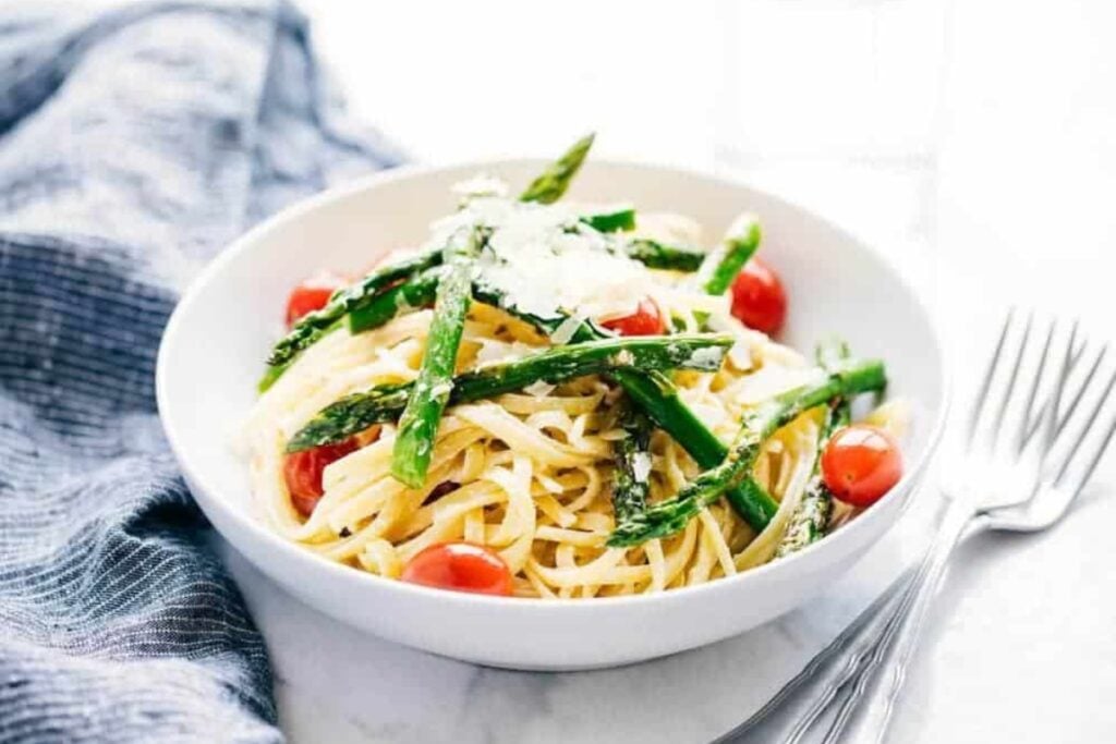 Asparagus pasta on a plate.