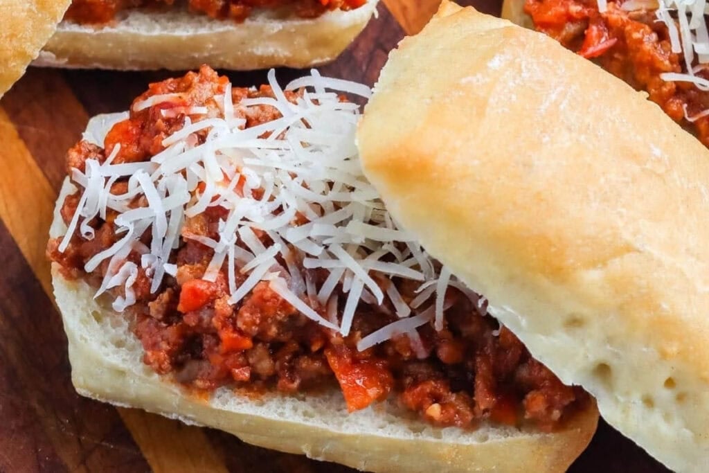 Beef bolognese sloppy joes on bread.
