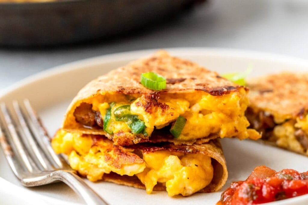 Breakfast quesadilla on a plate.