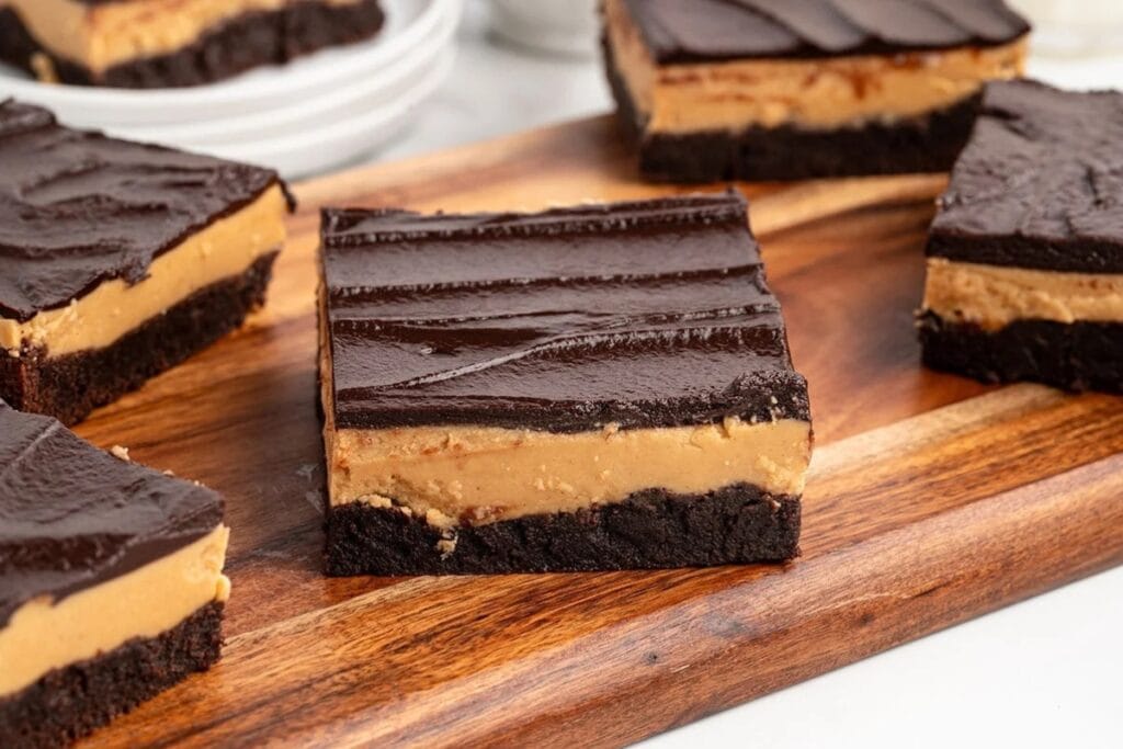 Buckeye brownies on a wooden board.
