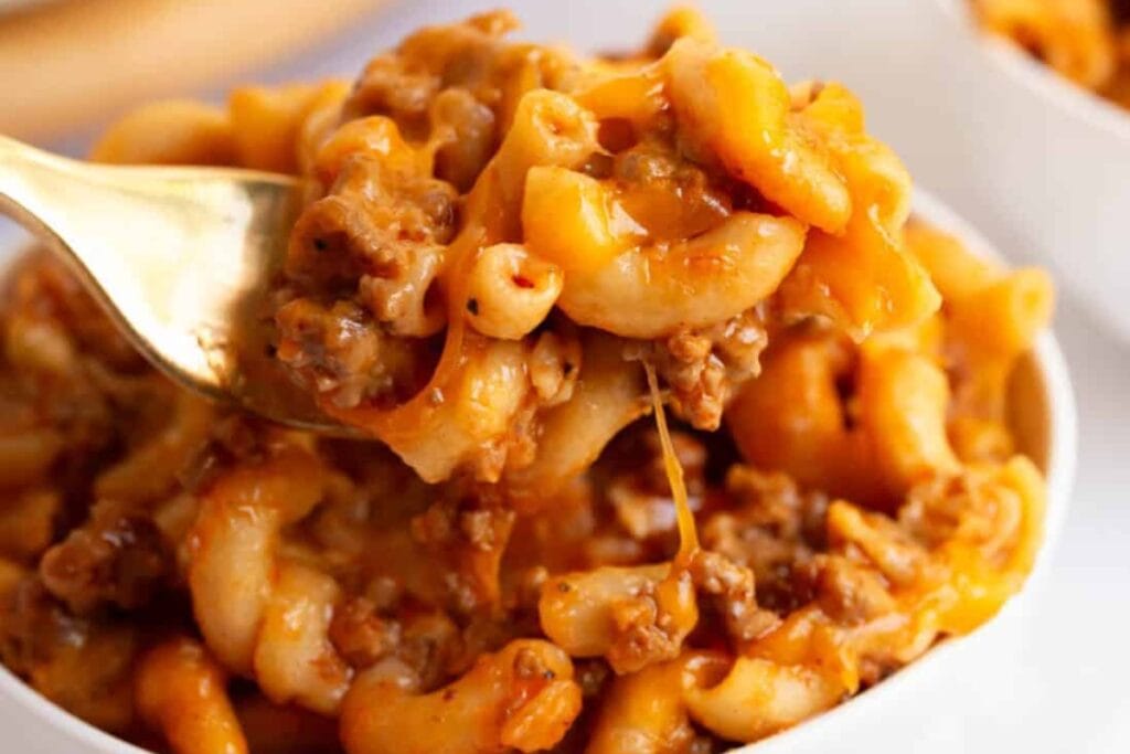 Cheeseburger casserole in a bowl.