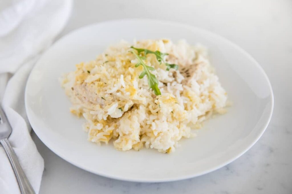 chicken and rice casserole on a plate.