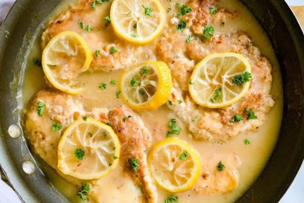 Chicken francaise in a skillet.