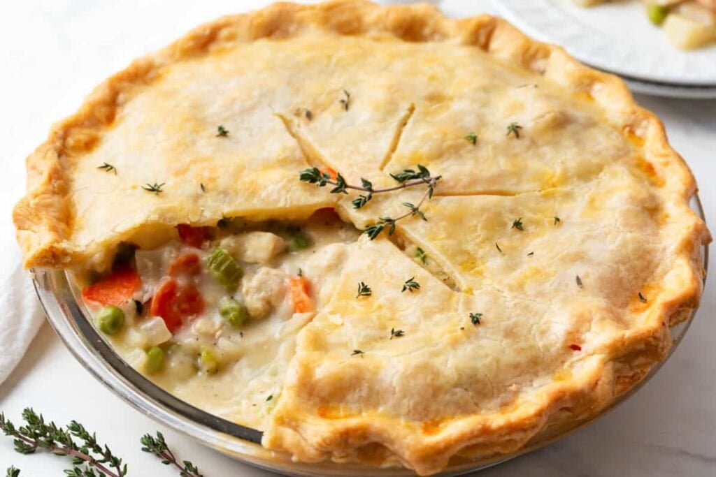 Chicken pot pie on a plate.