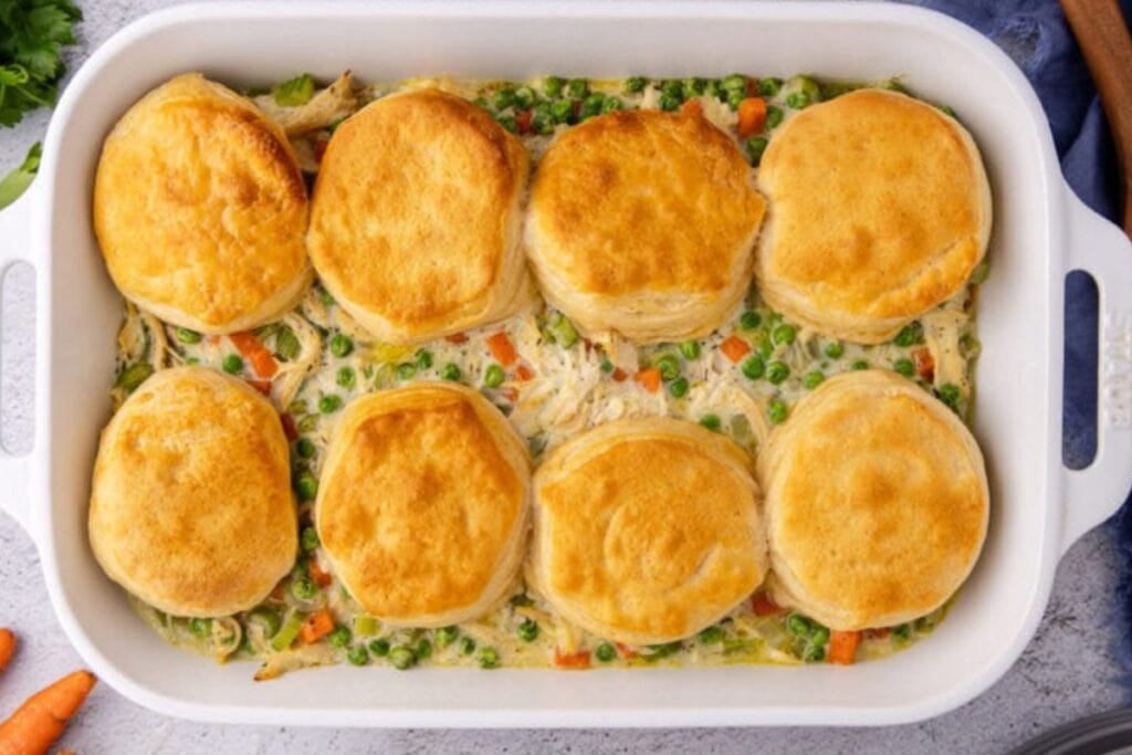Chicken pot pie casserole in a baking dish.
