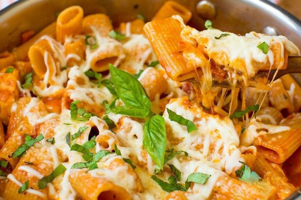 Chicken rigatoni in a skillet.
