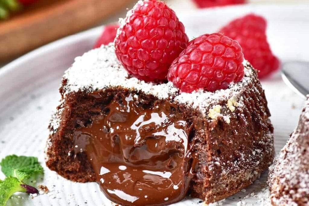 Close-up of chocolate lava cakes on a plate.