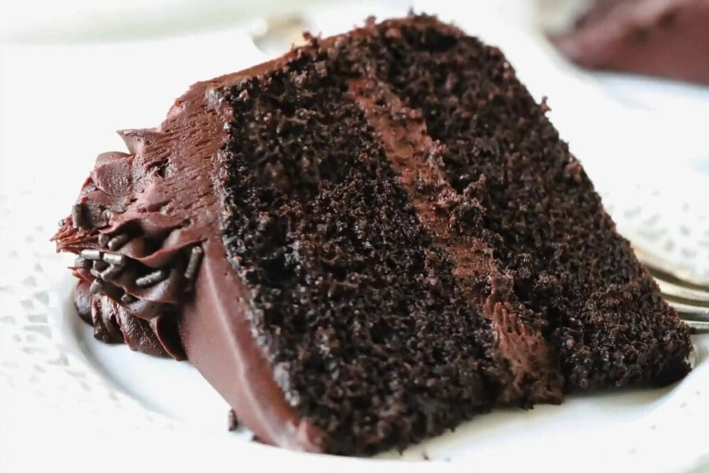 A slice of chocolate layer cake on a plate.