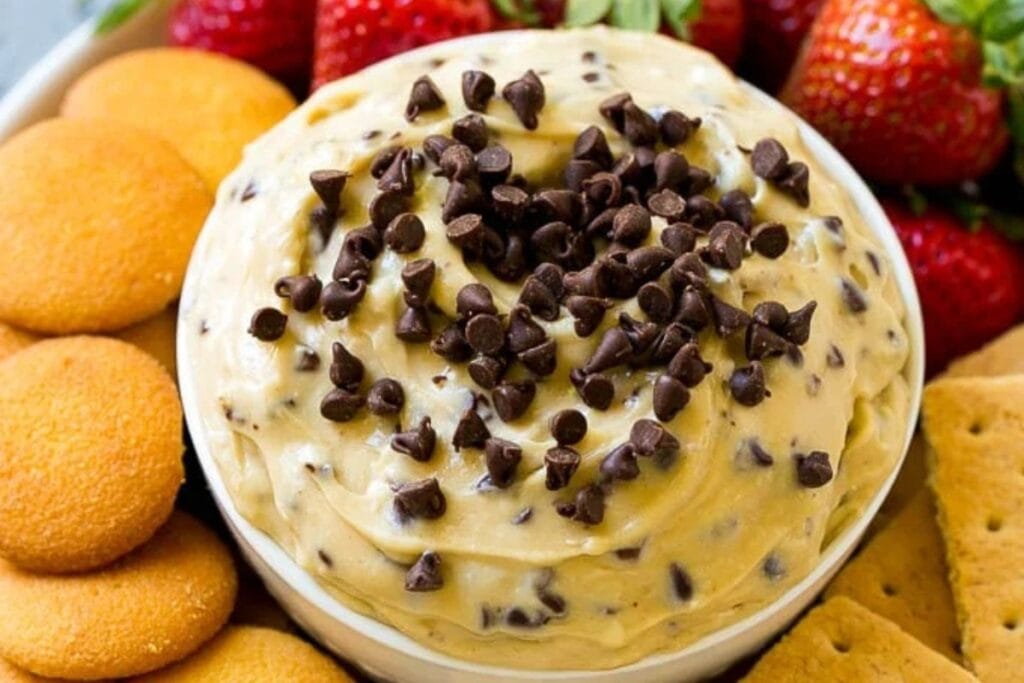 Cookie dough dip in a bowl.
