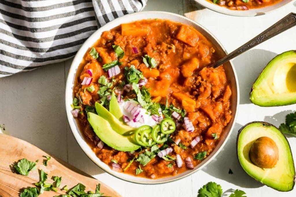 Crockpot sweet potato chili in a bowl.