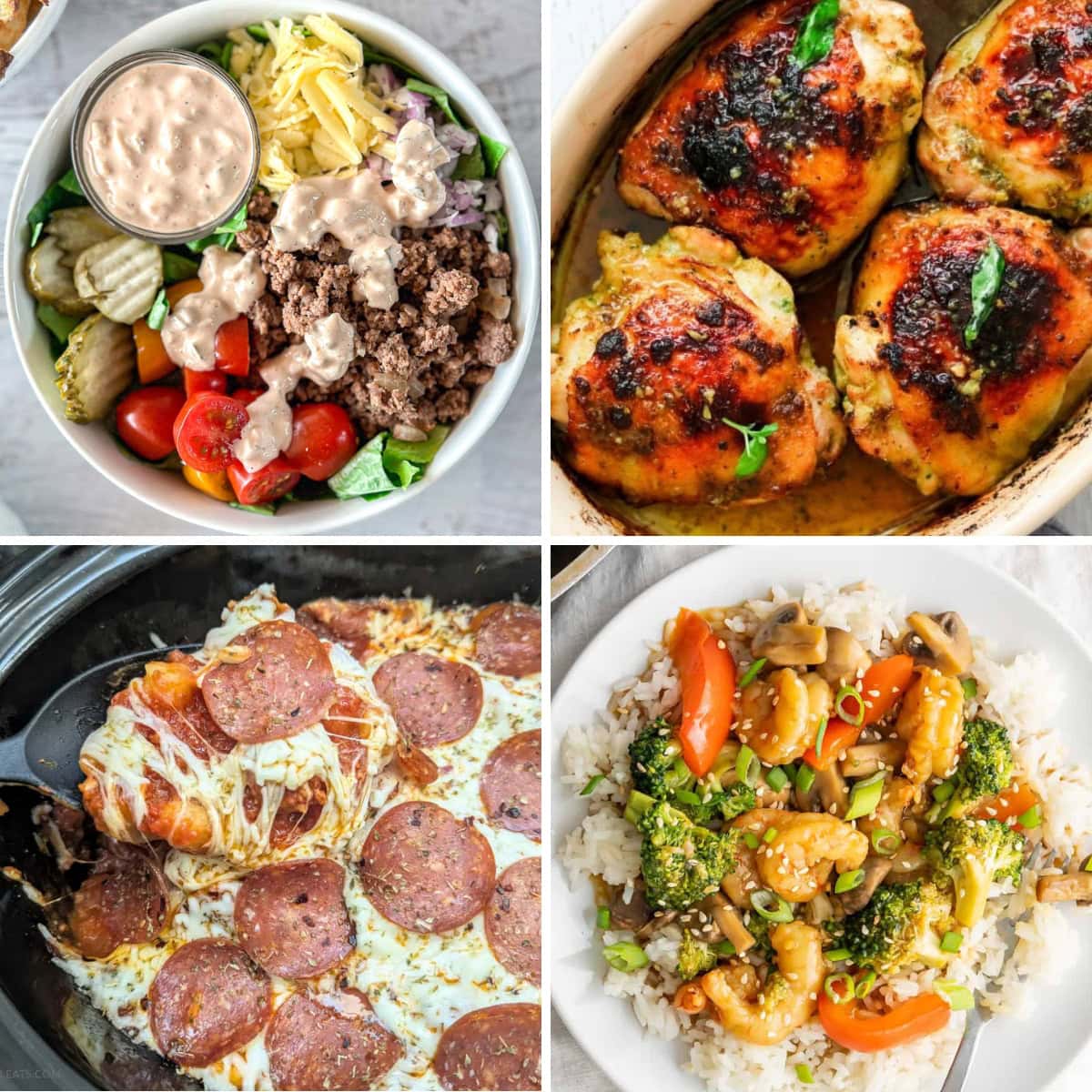 Collage of dinners with 10 minutes or less prep time.