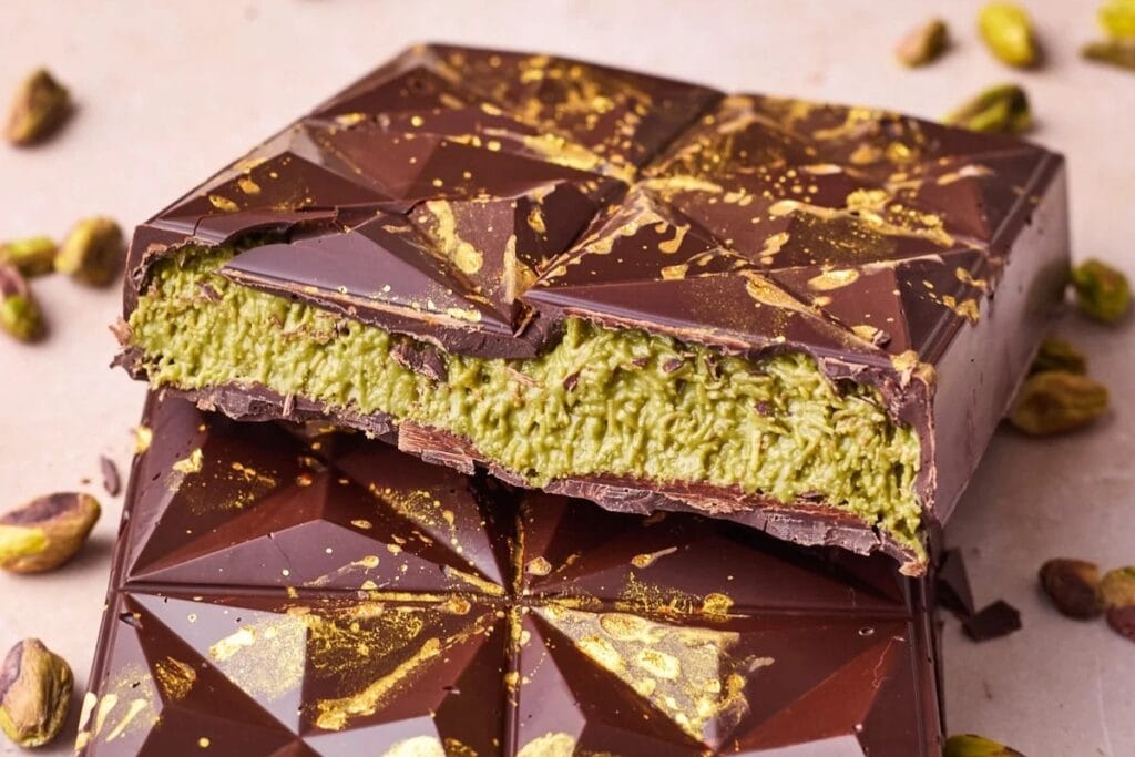 Dubai-style chocolate bar with creamy pistachio filling and gold splatter.