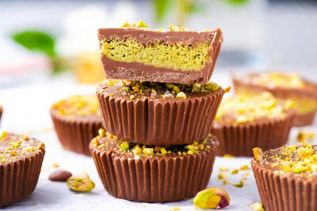 Dubai chocolate pistachio cups topped with chopped pistachios.