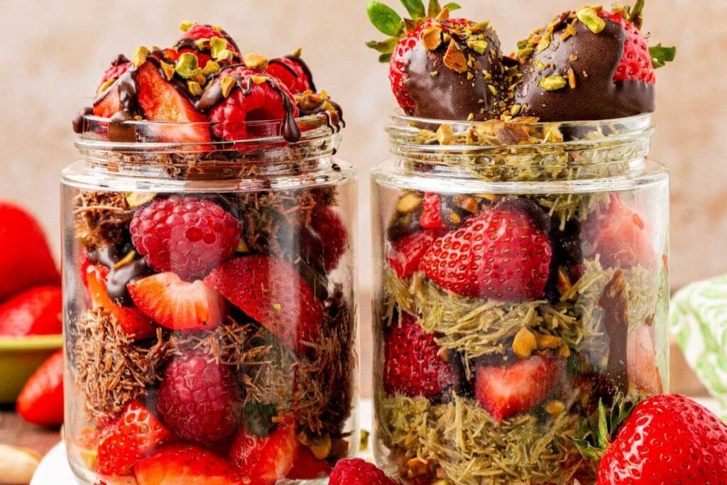 Layered Dubai chocolate strawberry dessert cups with pistachios and chocolate drizzle.