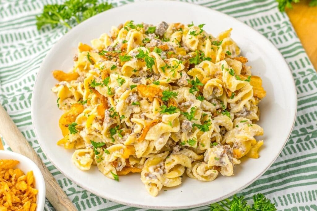 French onion beef casserole on a plate.