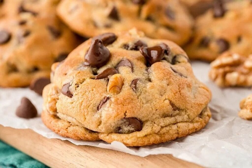Gooey chocolate chip cookies on a wooden board.