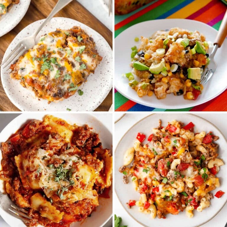 Collage of ground beef casserole recipes.