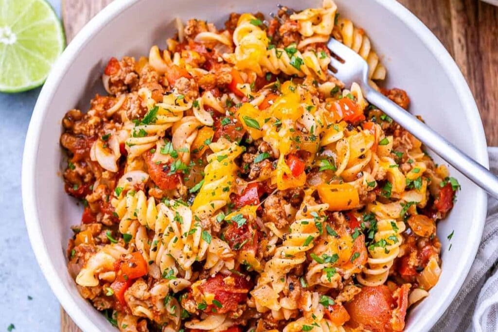 Ground turkey pasta in a bowl.