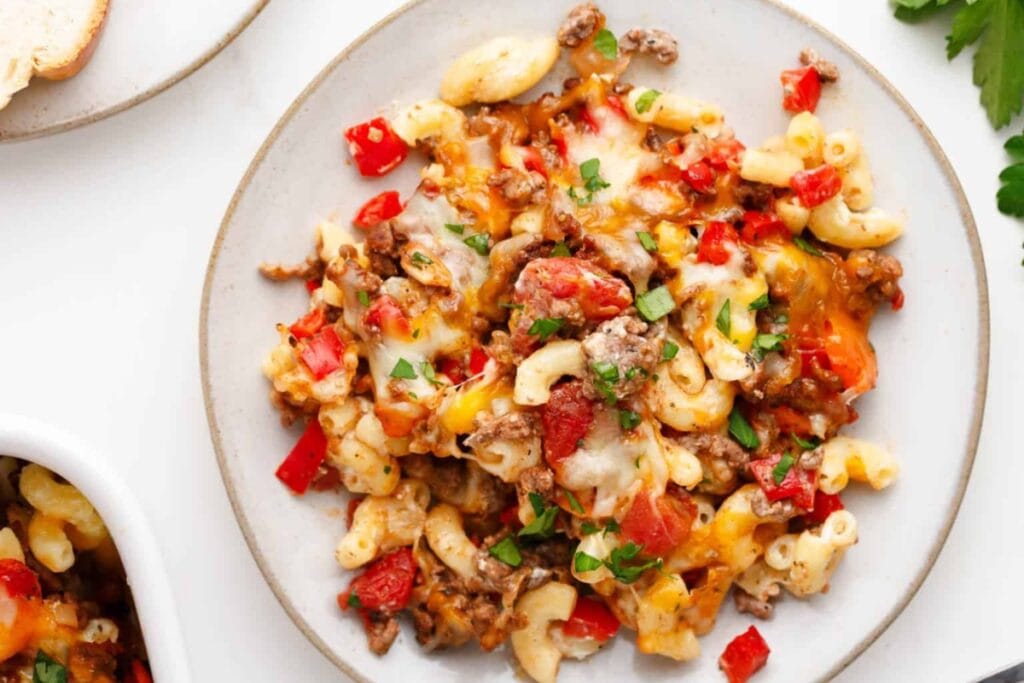 Hamburger casserole on a plate.