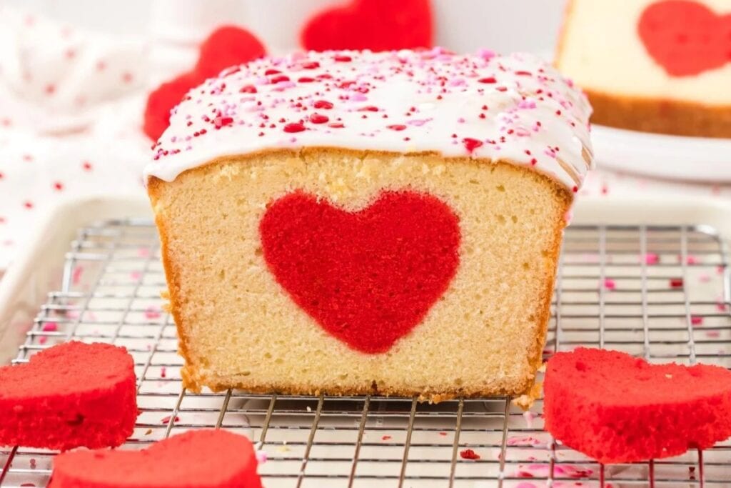 Hidden heart cake on a cooling rack.