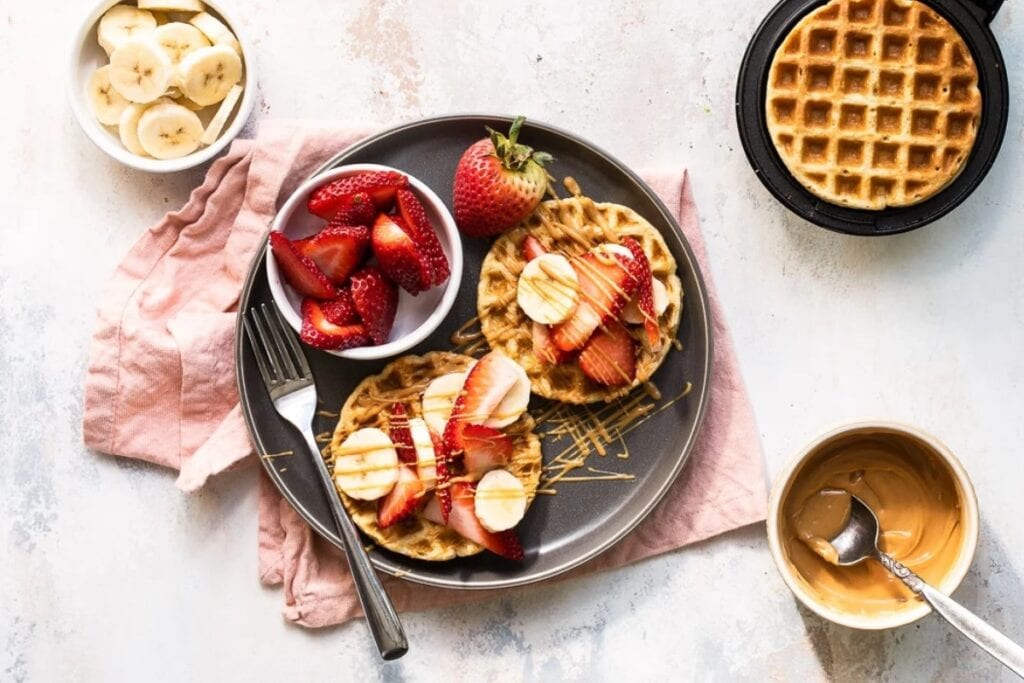 High protein oat waffles on a plate.
