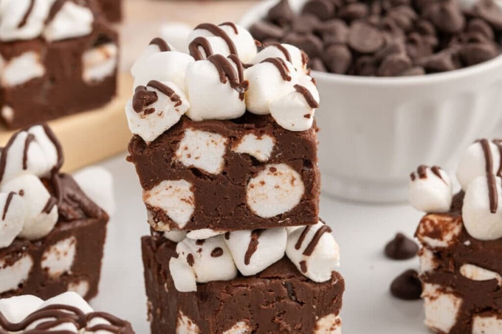 Hot chocolate fudge squares with marshmallows.