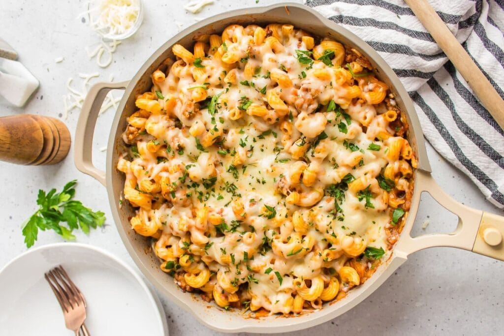 Italian mac and cheese in a skillet.