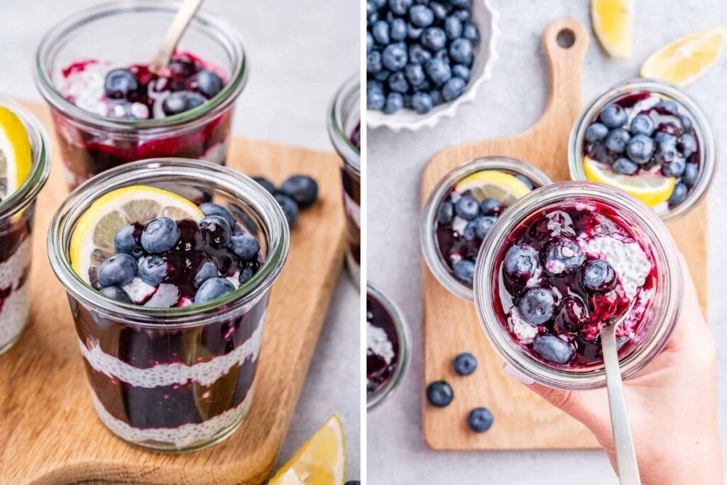 Lemon blueberry chia pudding served in a glass.