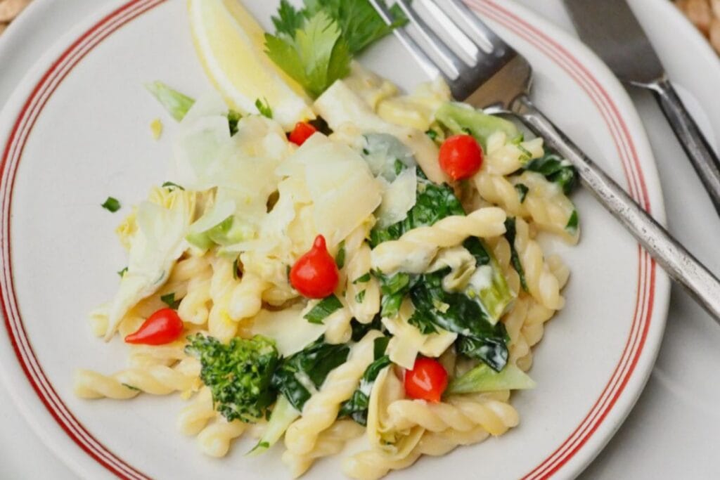 Lemon garlic pasta on a plate.