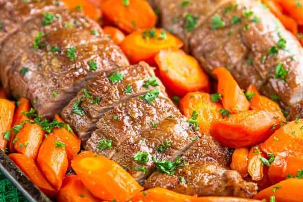 Close-up of maple brown sugar pork tenderloin.