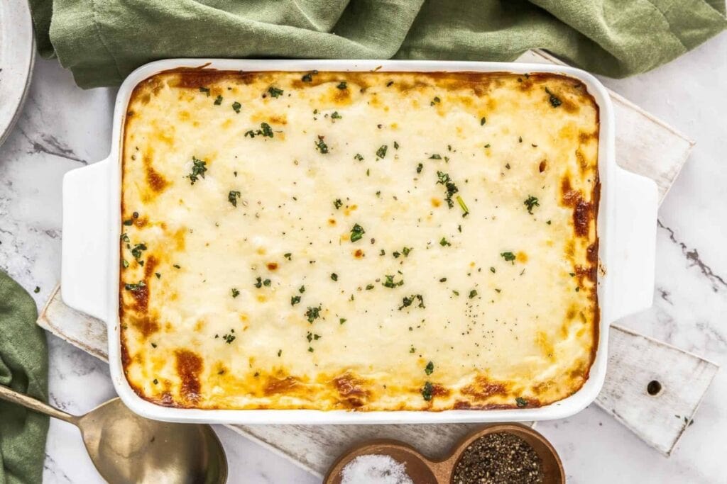 Mediterranean sausage pasta bake in a baking dish.