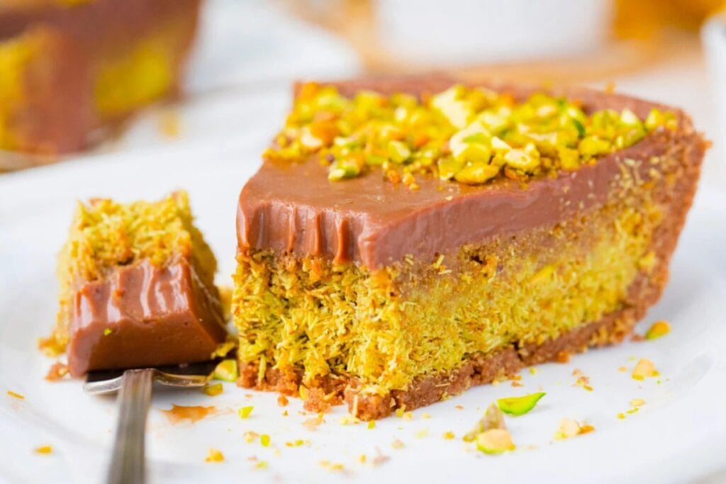 No-bake Dubai chocolate tart on a plate.