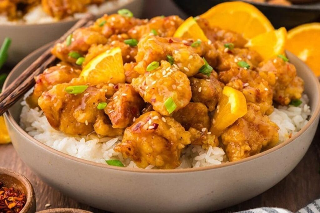 Orange chicken in a bowl.
