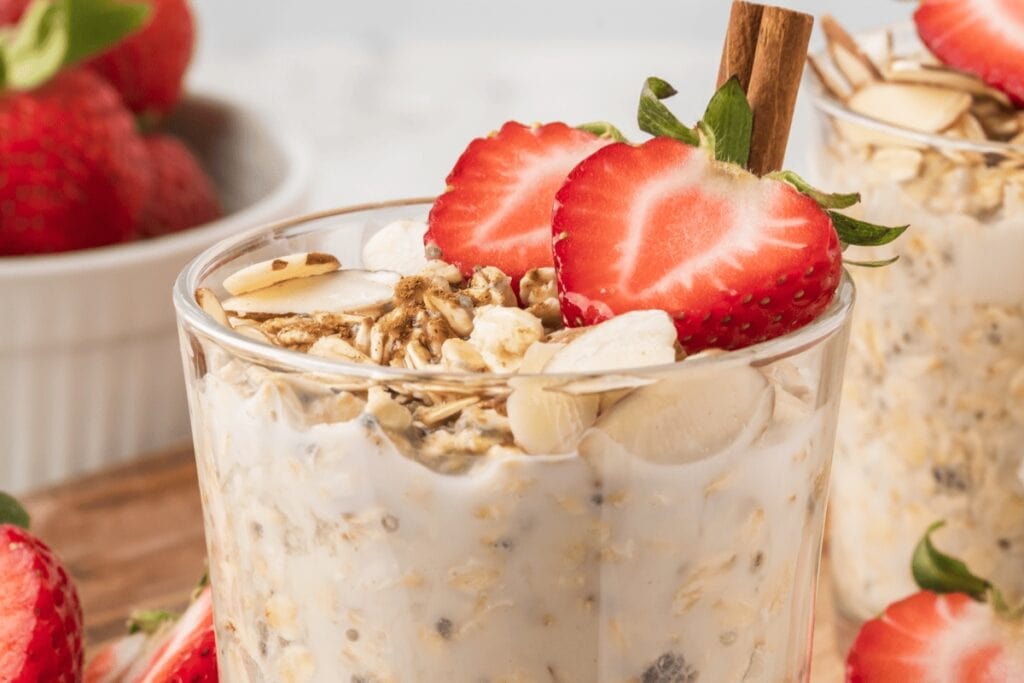 Overnight oats without yogurt in a glass.