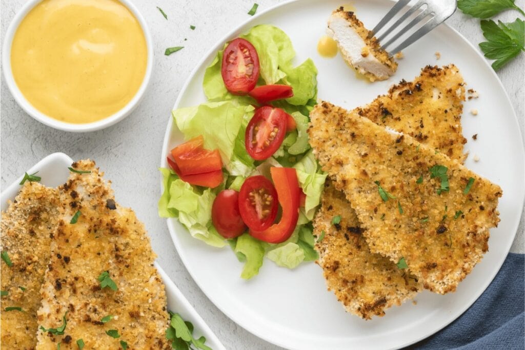 Crispy panko chicken served on a plate.