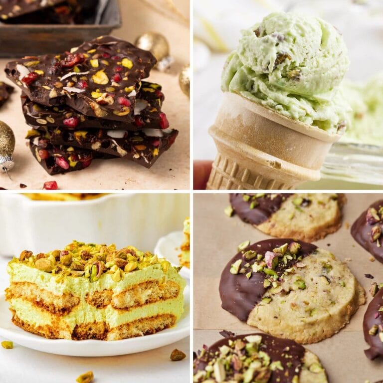 Collage of pistachio desserts.