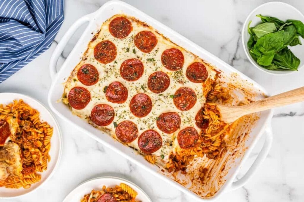 Pizza casserole in a baking dish.