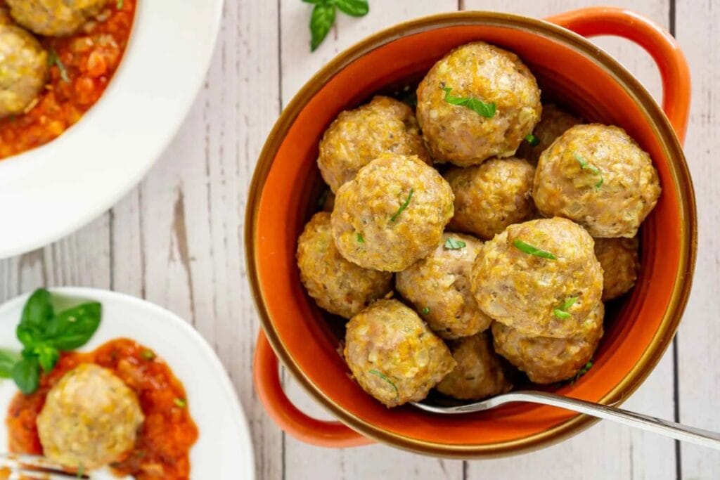 Pork meatballs with hidden veggies in a bowl.