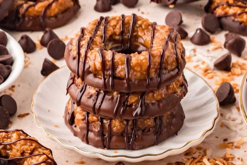 Samoas cookies on a plate.