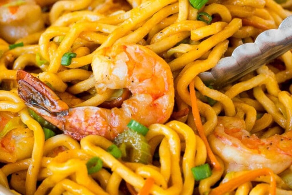 Close-up of shrimp lo mein.