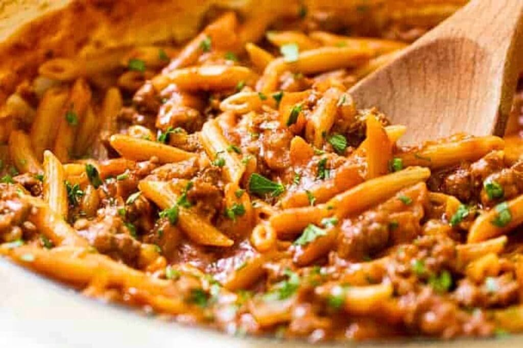 Sloppy Joe pasta in a pot.