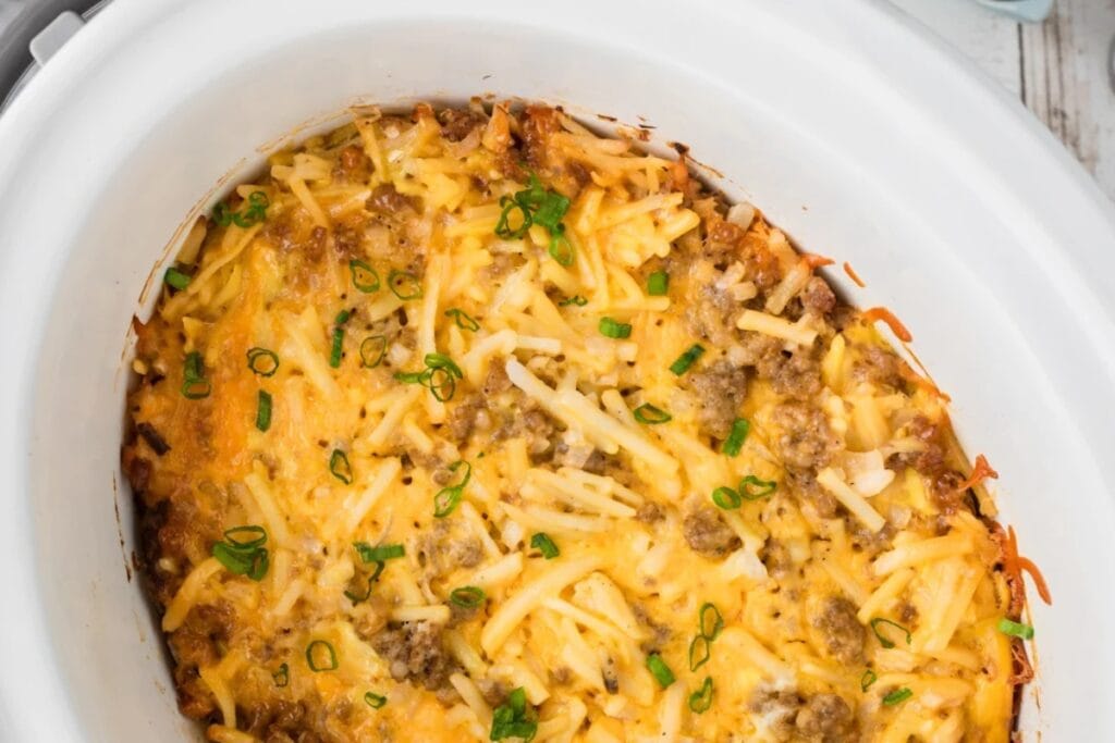 Breakfast casserole in a slow cooker.