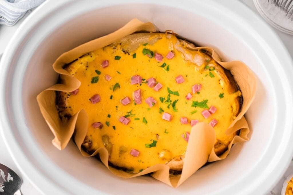 Ham and cheese quiche cooked in a slow cooker.