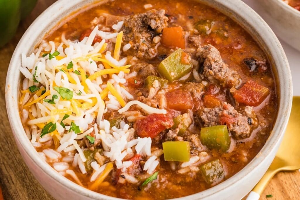 Slow cooker stuffed pepper soup in a bowl.