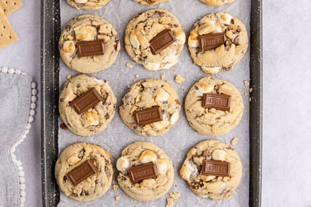 S&rsquo;mores cookies on a baking sheet.