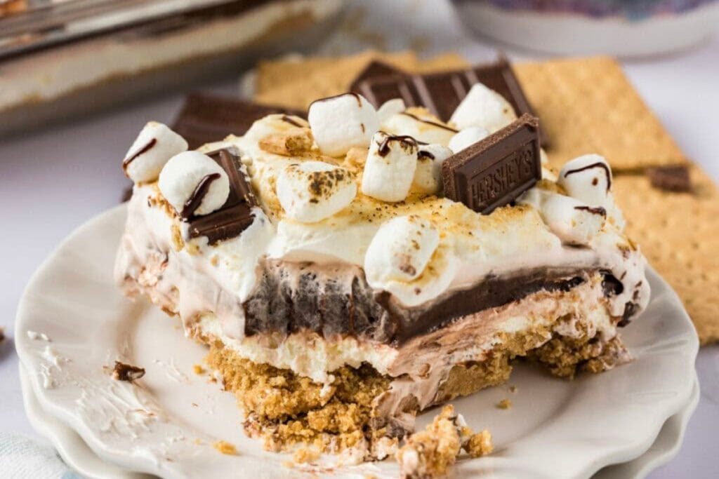 S’mores lasagna on a plate.