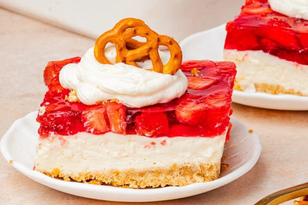 Strawberry pretzel salad on a plate.