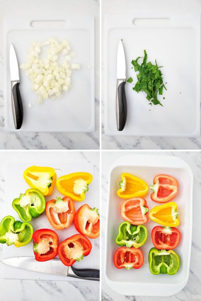 Chopping onion and bell pepper on a cutting board.