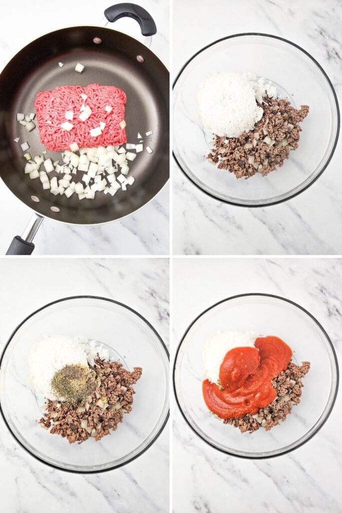 Process shot collage of cooked ground beef and rice in a mixing bowl.