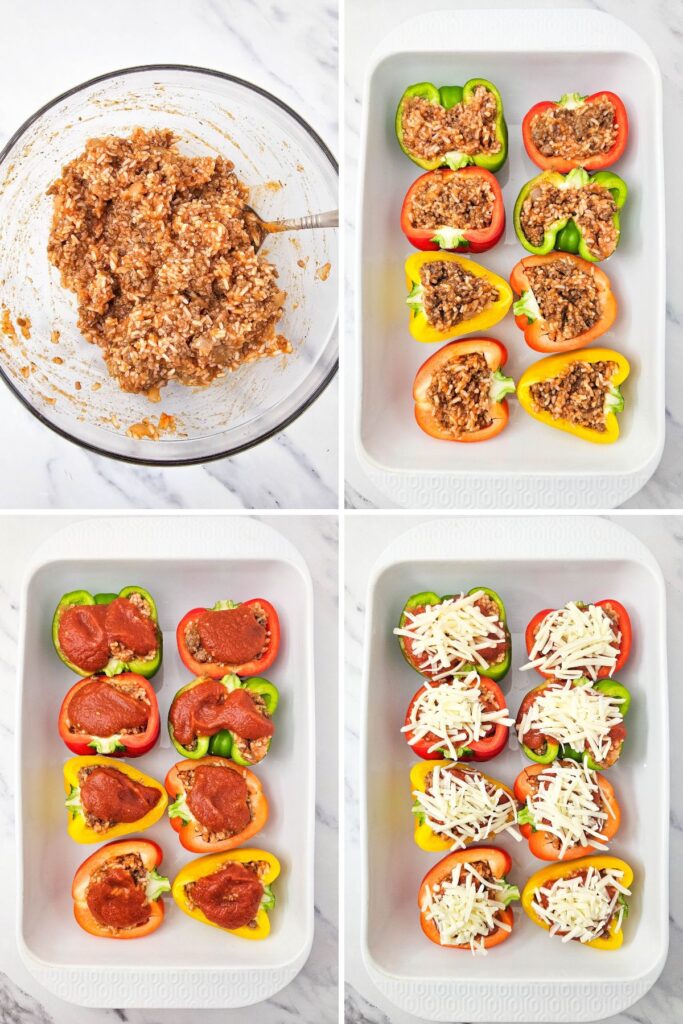 Process shot collage of cooked ground beef and rice in a mixing bowl.